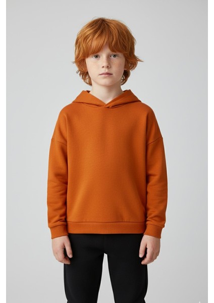 Unisex Çocuk Basic Pamuklu Kapüşonlu Sweatshirt - Turuncu