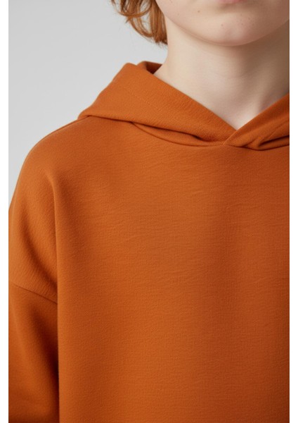 Unisex Çocuk Basic Pamuklu Kapüşonlu Sweatshirt - Turuncu modelleri