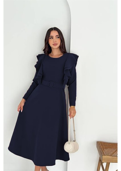 Kadın Kol Fırfırlı Kemerli Midi Boy Elbise NBK4309