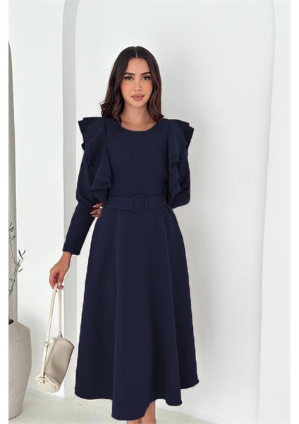 Kadın Kol Fırfırlı Kemerli Midi Boy Elbise NBK4309 fiyatları