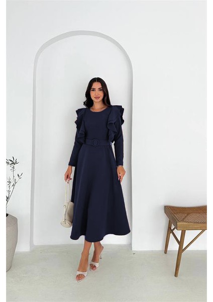Kadın Kol Fırfırlı Kemerli Midi Boy Elbise NBK4309 modelleri