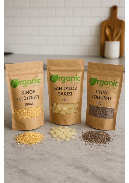 Üçlü Doğal Set Sandaloz Sakızı 55G + Kinoa Tohumu 100G + Chia Tohumu 100G