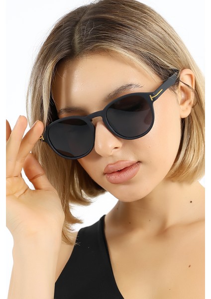 Kadın Mat Siyah Oval UV400 Güneş Gözlüğü Gold Detay WP25- fiyatları