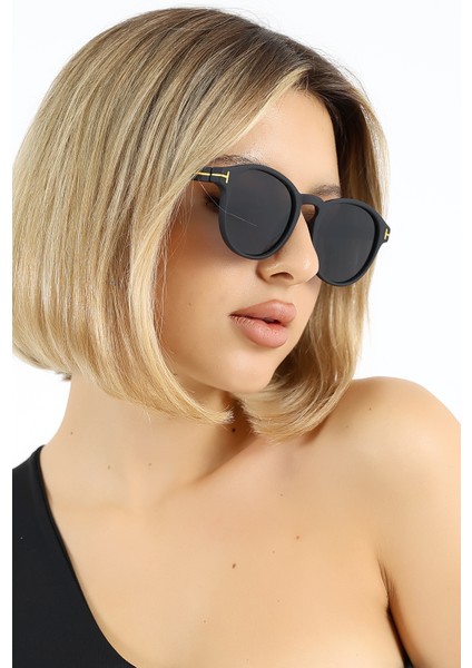 Kadın Mat Siyah Oval UV400 Güneş Gözlüğü Gold Detay WP25- fırsatları