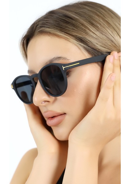 Kadın Mat Siyah Oval UV400 Güneş Gözlüğü Gold Detay WP25- indirimleri