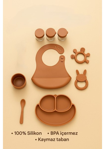 Bebek Beslenme Seti Bej 10 Parça Silikon Mama Seti