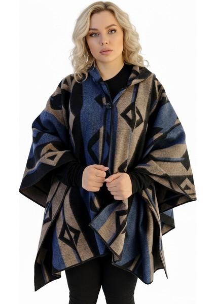Mavi Bej Siyah Etnik Tasarım Desenli Yünlü Sıcak Tutan Kapüşonlu Unisex Kampçı Panço Kışlık Şal