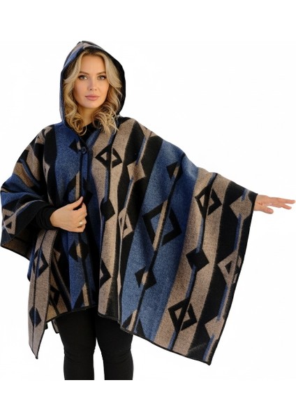 Mavi Bej Siyah Etnik Tasarım Desenli Yünlü Sıcak Tutan Kapüşonlu Unisex Kampçı Panço Kışlık Şal fiyatları