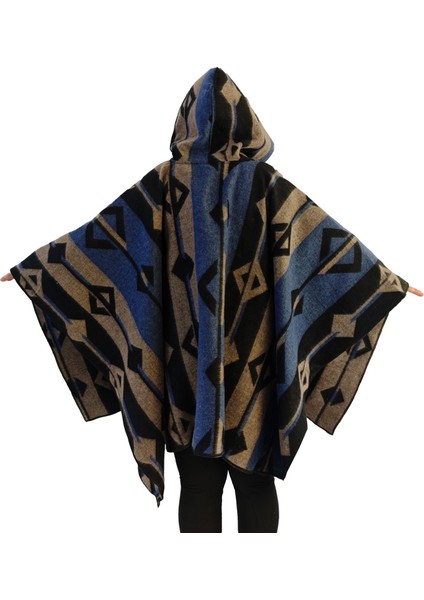 Mavi Bej Siyah Etnik Tasarım Desenli Yünlü Sıcak Tutan Kapüşonlu Unisex Kampçı Panço Kışlık Şal modelleri