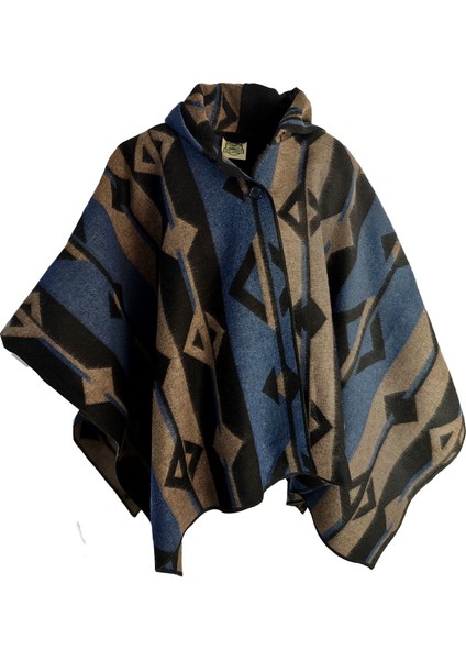 Mavi Bej Siyah Etnik Tasarım Desenli Yünlü Sıcak Tutan Kapüşonlu Unisex Kampçı Panço Kışlık Şal fırsatları