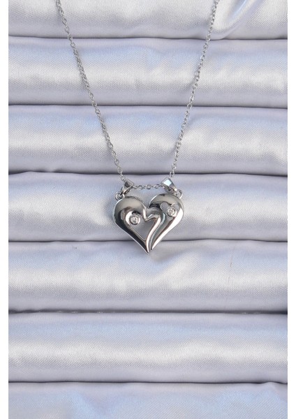 Bfs 316L Çelik Zincir Gümüş Renk Zirkon Taşlı Mıknatıslı Kalp Kolye