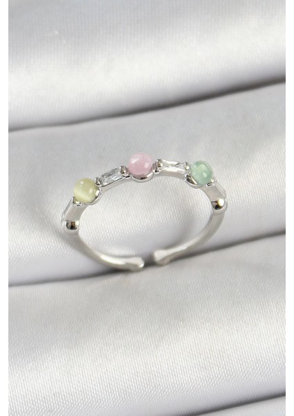 Bfs Pirinç Sıralı Boncuk Figürlü Zirkon Taşlı Gümüş Renk Ayarlanabilir Kadın Yüzük