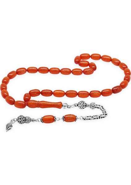 925 Ayar Gümüş Kral Zincir Püsküllü Özel Kesim Sedefli Turuncu Ateş Kehribar Tesbih