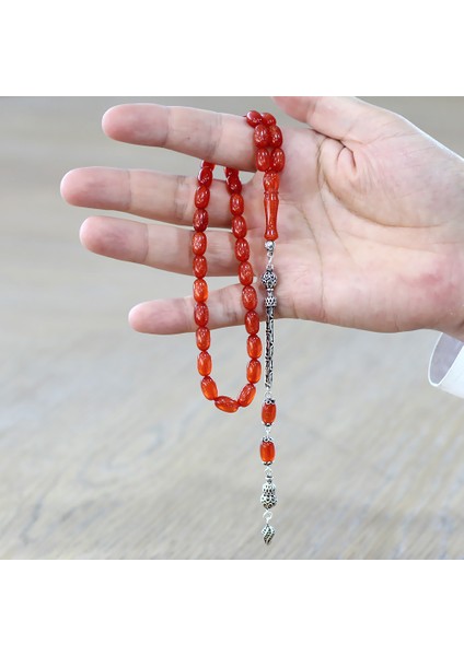 925 Ayar Gümüş Kral Zincir Püsküllü Özel Kesim Sedefli Turuncu Ateş Kehribar Tesbih modelleri