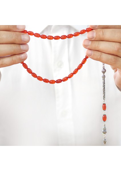 925 Ayar Gümüş Kral Zincir Püsküllü Özel Kesim Sedefli Turuncu Ateş Kehribar Tesbih fırsatları