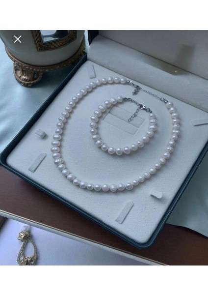 50CM - Sertifikalı Paslanmaz Çelik Doğal 8 mm Inci Kolye Bileklik Set