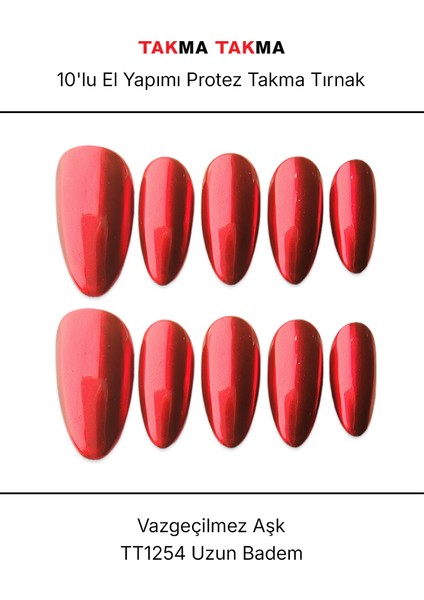 10'lu Bordo Uzun Badem TT1254 Tekrar Kullanılabilir El Yapımı Protez Takma Tırnak - Bordo-S indirimleri