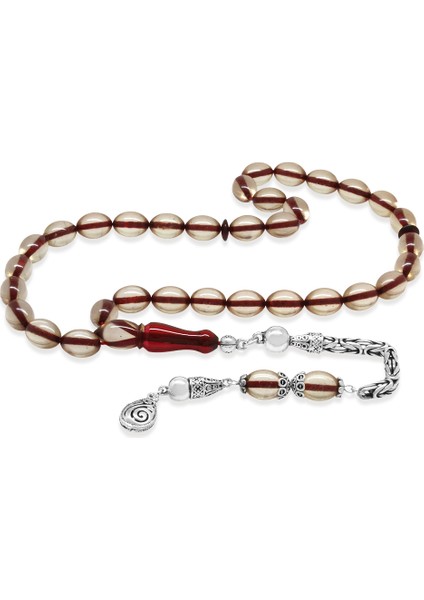 925 Ayar Gümüş Kral Zincir Püsküllü Arpa Kesim Kırmızı Imame Kombinli Şeffaf Ateş Kehribar Tesbih