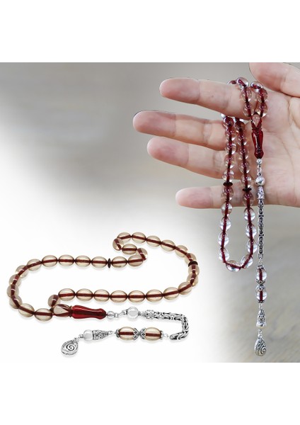 925 Ayar Gümüş Kral Zincir Püsküllü Arpa Kesim Kırmızı Imame Kombinli Şeffaf Ateş Kehribar Tesbih fiyatları