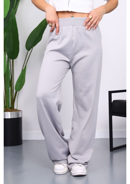Gri Yüksek Bel Fitilli Bol Paça Triko Pantolon fiyatları