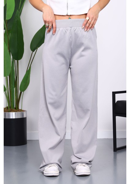 Gri Yüksek Bel Fitilli Bol Paça Triko Pantolon modelleri