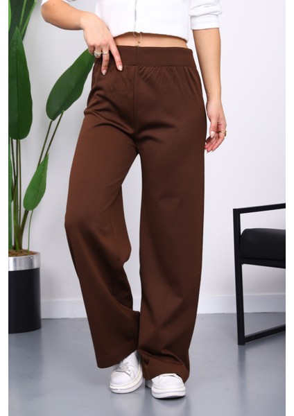Kahverengi Yüksek Bel Fitilli Bol Paça Triko Pantolon