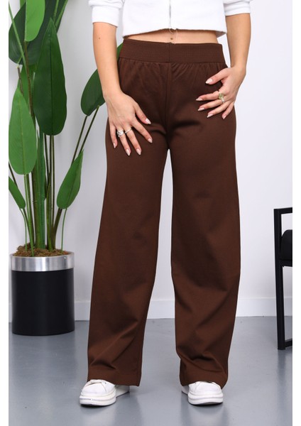 Kahverengi Yüksek Bel Fitilli Bol Paça Triko Pantolon fiyatları