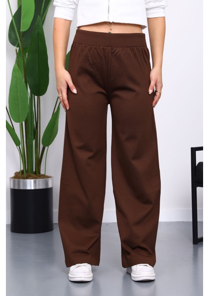 Kahverengi Yüksek Bel Fitilli Bol Paça Triko Pantolon modelleri