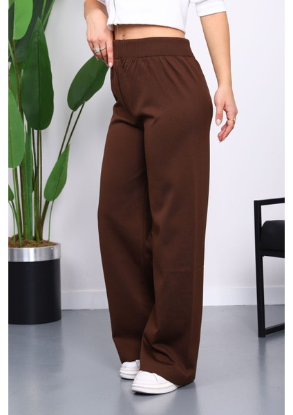 Kahverengi Yüksek Bel Fitilli Bol Paça Triko Pantolon fırsatları