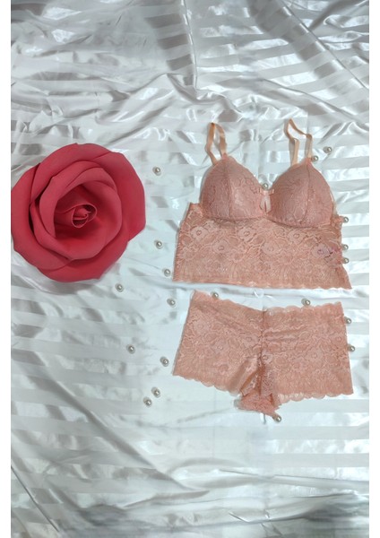 Bralet Boxer Dantel Takım Çiçek Detaylı Üçgen Sütyen Fantezi Takımı Günlük Kullanıma Uygun Push Up