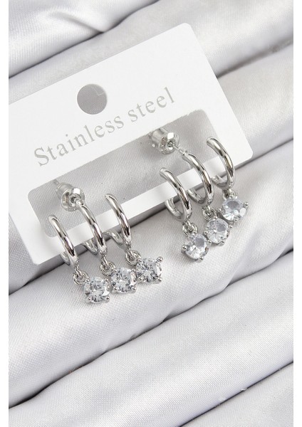 Bfs Pirinç Sallantılı Zirkon Taşlı Model Gümüş Renk Kadın Küpe