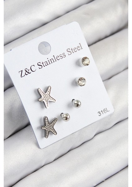 Bfs 316L Çelik Zirkon Taşlı Deniz Yıldızı Model Gümüş Renk Kadın Set Küpe