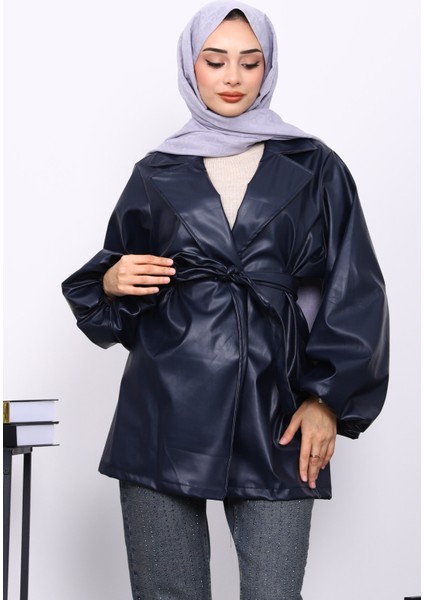 Lacivert Balon Kol Kuşaklı Deri Ceket
