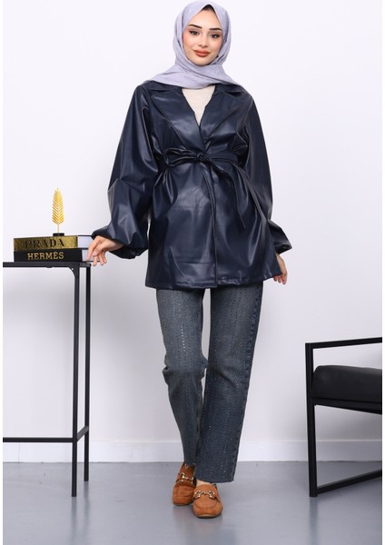 Lacivert Balon Kol Kuşaklı Deri Ceket fiyatları