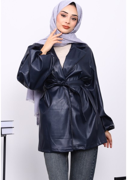 Lacivert Balon Kol Kuşaklı Deri Ceket modelleri