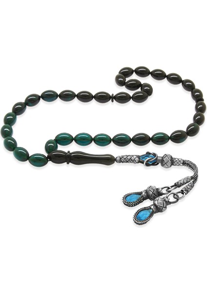 1000 Ayar Gümüş Çift Kazaz Püsküllü Arpa Kesim Süzme Turkuaz Siyah Ateş Kehribar Tesbih