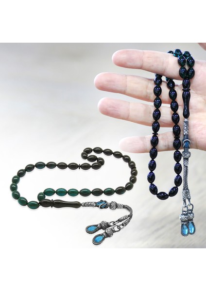 1000 Ayar Gümüş Çift Kazaz Püsküllü Arpa Kesim Süzme Turkuaz Siyah Ateş Kehribar Tesbih fiyatları