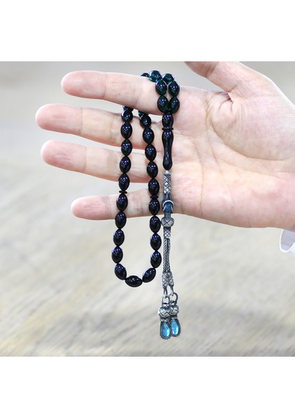 1000 Ayar Gümüş Çift Kazaz Püsküllü Arpa Kesim Süzme Turkuaz Siyah Ateş Kehribar Tesbih modelleri