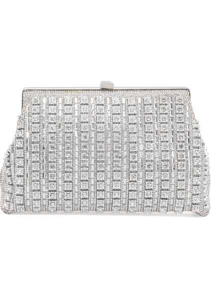 25KC1292 Kadın Taşlı Abiye Çanta Gümüş