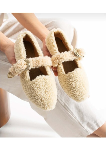 Kadın Tokalı Kışlık Babet Ev ve Dış Mekan Ayakkabısı - Krem - 40