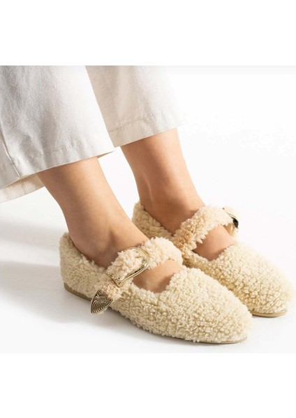 Kadın Tokalı Kışlık Babet Ev ve Dış Mekan Ayakkabısı - Krem - 40 fiyatları