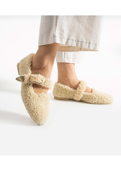 Kadın Tokalı Kışlık Babet Ev ve Dış Mekan Ayakkabısı - Krem - 40 modelleri