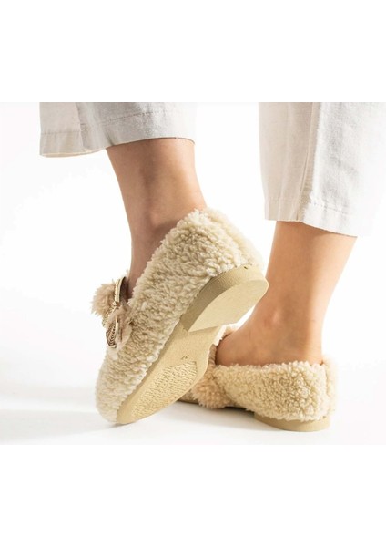 Kadın Tokalı Kışlık Babet Ev ve Dış Mekan Ayakkabısı - Krem - 40 fırsatları