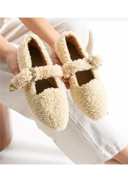 Kadın Tokalı Kışlık Babet Ev ve Dış Mekan Ayakkabısı - Krem - 40 indirimleri