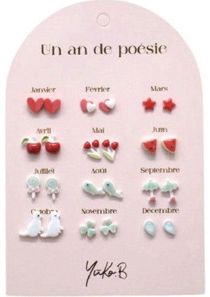 12 Çift Seramik Küpe Setiyıl Temalı Kırmızı