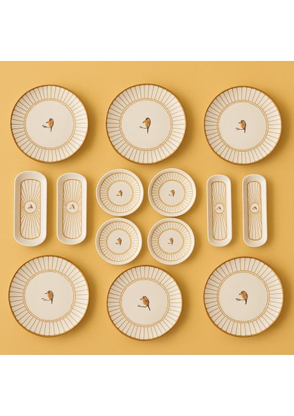 Seramık 6 Kısılık Kuş Desenlı 14 Parca Seramık Kahvaltı Takımı