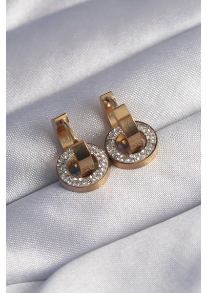 Bfs 316L Çelik Gold Renk Zirkon Taşlı Iç Içe Geçmeli Oval Küpe fiyatları