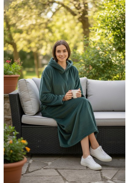 Serona Wellsoft Peluş Kapüşonlu Uzun Panço Yumuşak Dokulu Giyilebilir Tv Battaniyesi | Z.yeşil L/xl