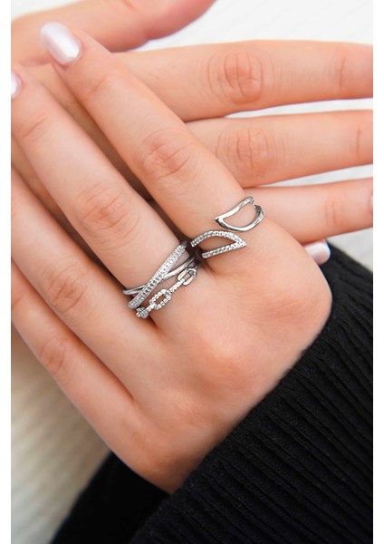 Gümüş Işıltı Kavisli Zirkon Taşlı Kadın 2'li Yüzük Seti