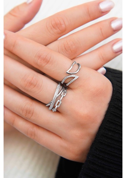 Gümüş Işıltı Kavisli Zirkon Taşlı Kadın 2'li Yüzük Seti fiyatları